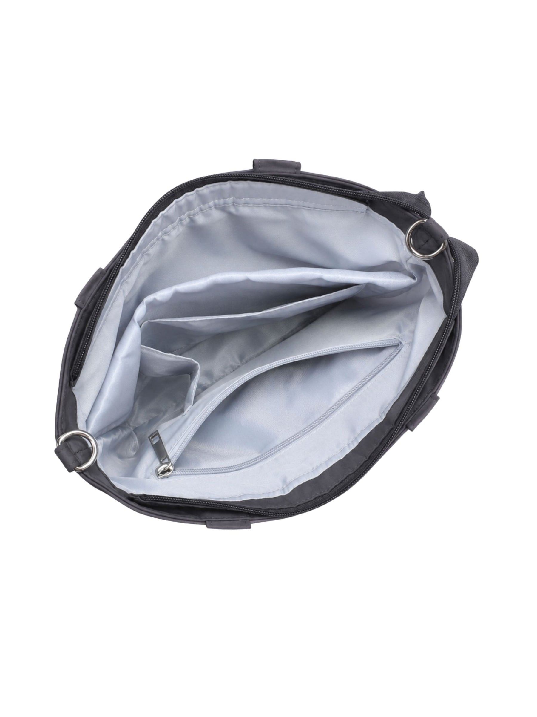 Empty interior of carbon black 12-inch water-resistant iPad tote bag showing organizer pockets