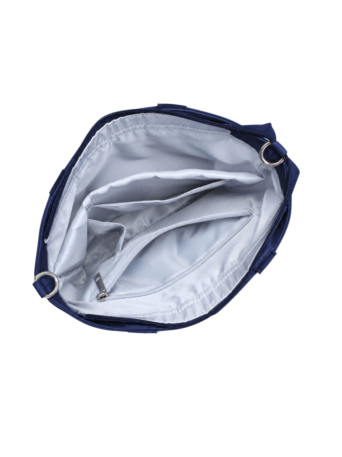 Empty interior of night blue 12-inch water-resistant iPad tote bag showing organizer pockets