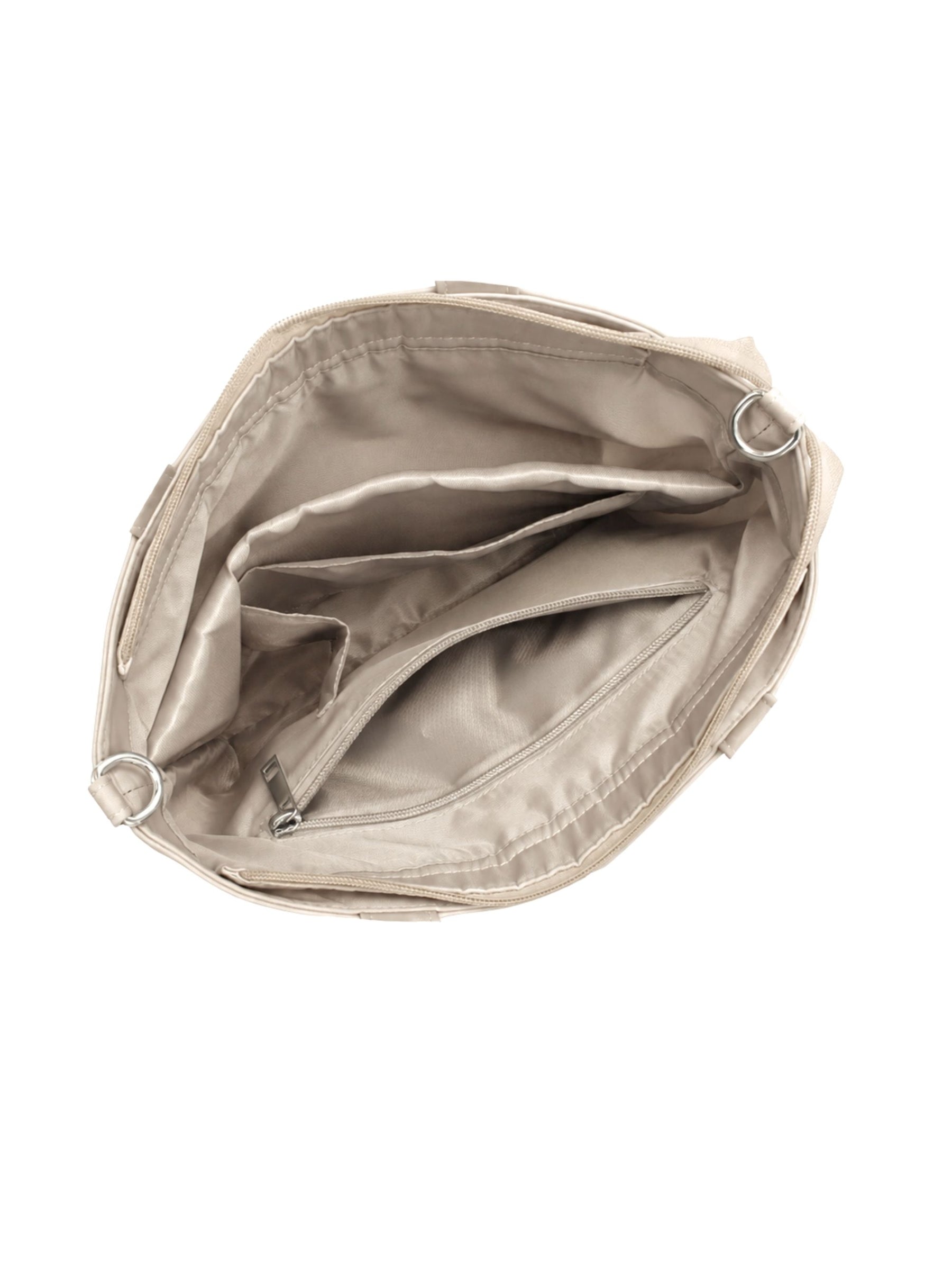 Empty interior of champagne 12-inch water-resistant iPad tote bag showing organizer pockets