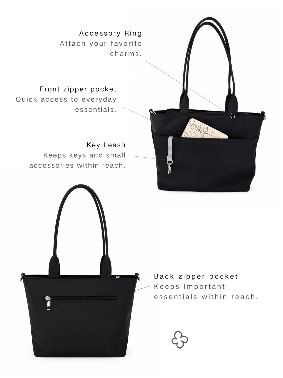 12-inch iPad tote bag exterior pockets, key leash and accessory ring