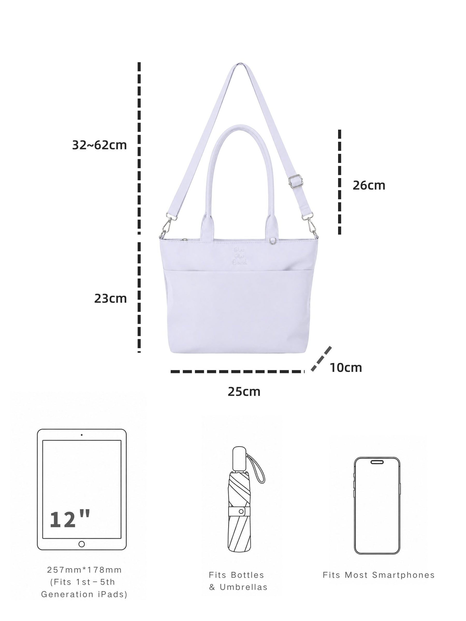 Pale blue-purple 12-inch water-resistant iPad tote bag dimensions and laptop size compatibility guide