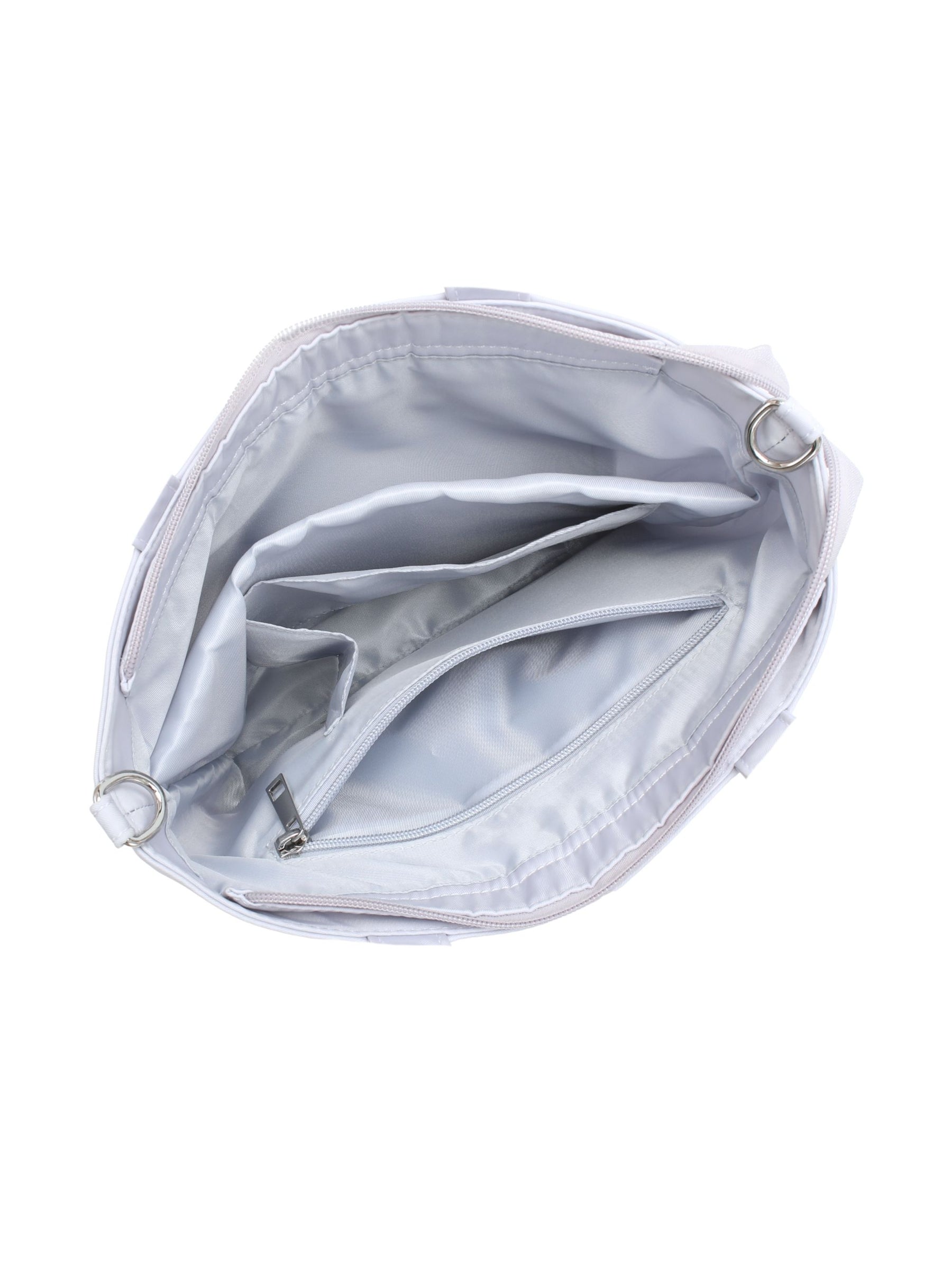 Empty interior of pale blue-purple 12-inch water-resistant iPad tote bag showing organizer pockets