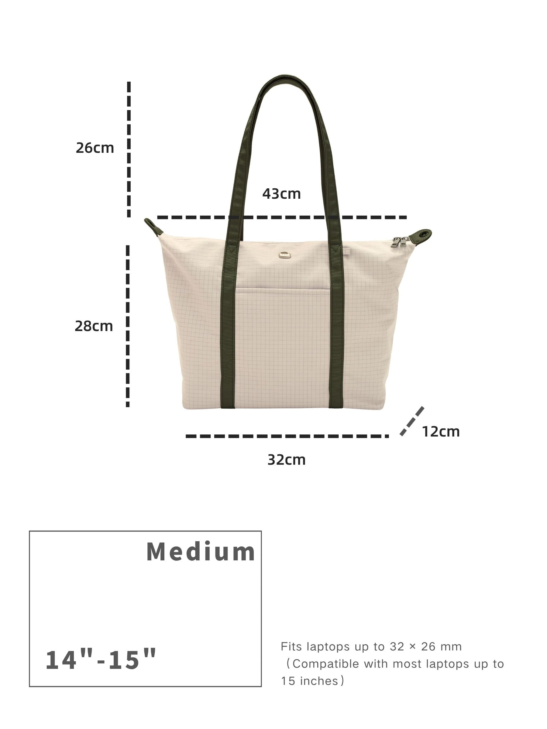 Beige 14-inch water-resistant laptop tote bag dimensions and laptop size compatibility guide