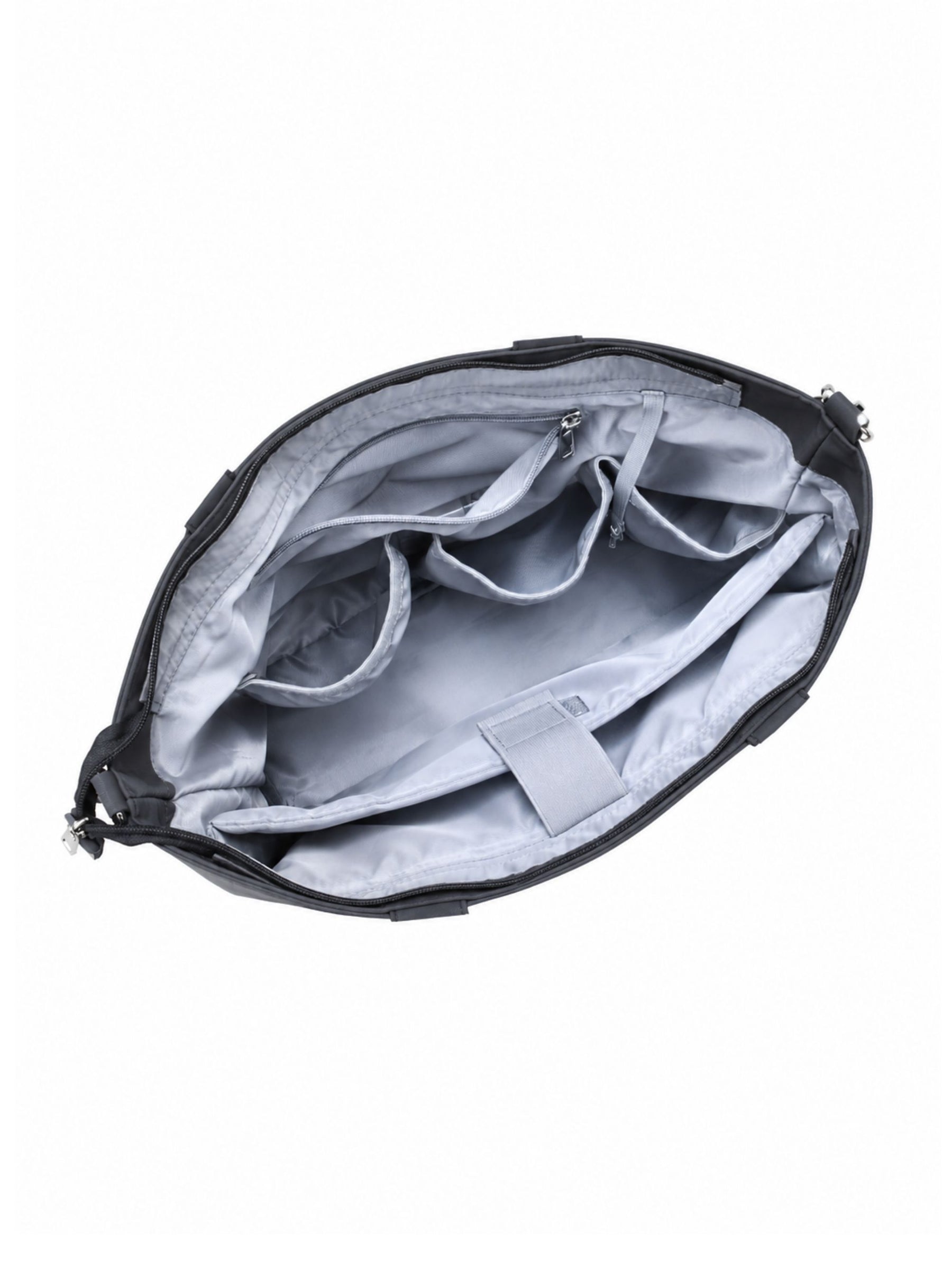 Empty interior of carbon black 14-inch water-resistant laptop tote bag showing organizer pockets
