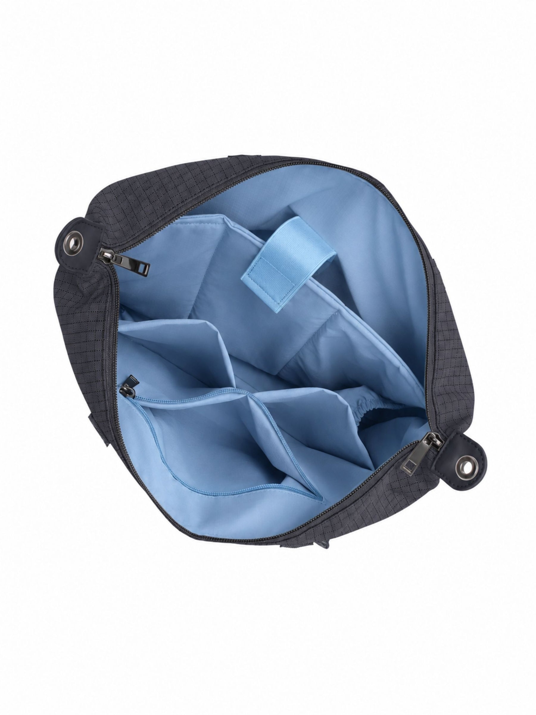 Empty interior of carbon black 14-inch water-resistant laptop tote bag showing organizer pockets