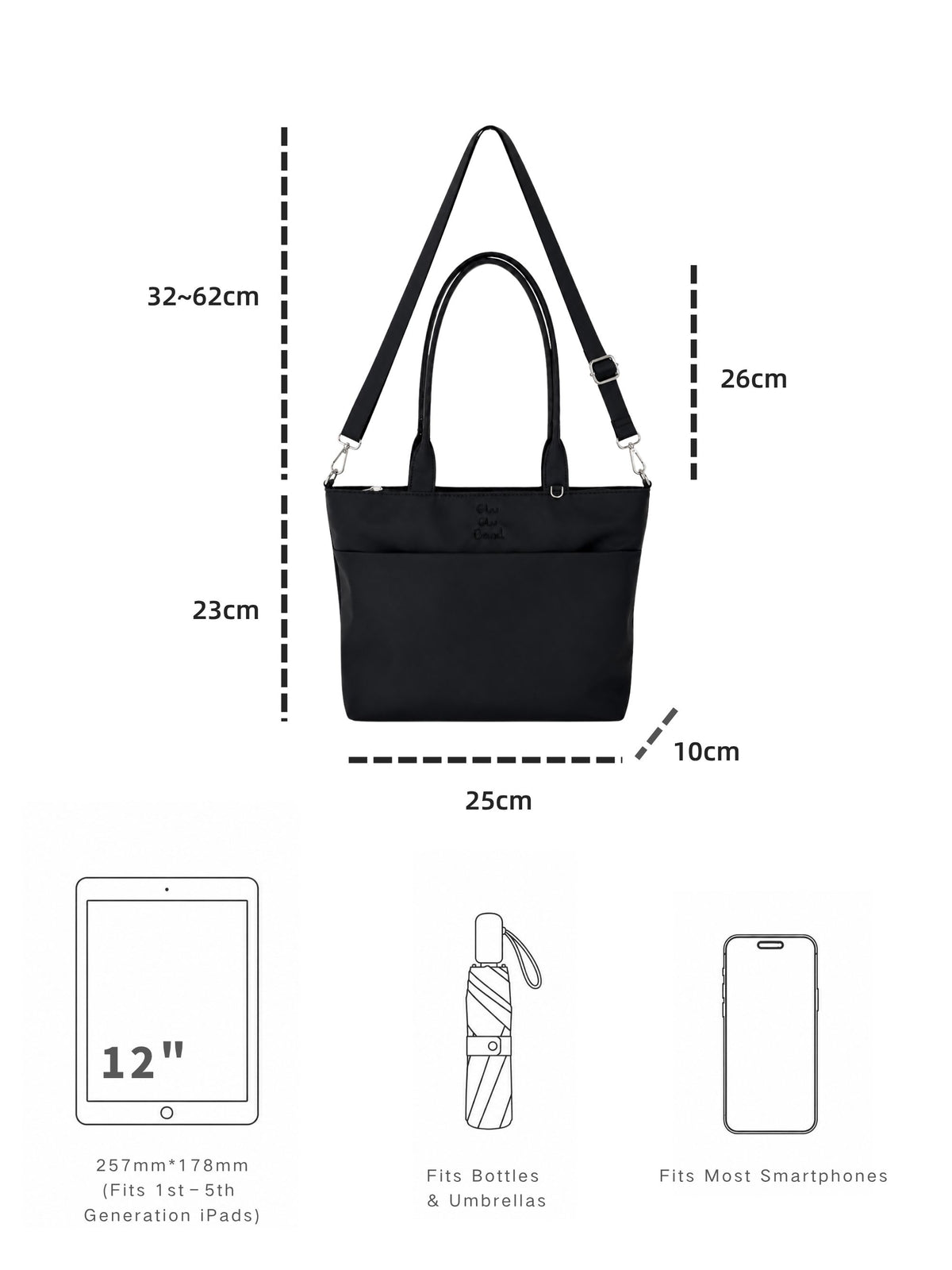 Carbon black 12-inch water-resistant iPad tote bag dimensions and laptop size compatibility guide