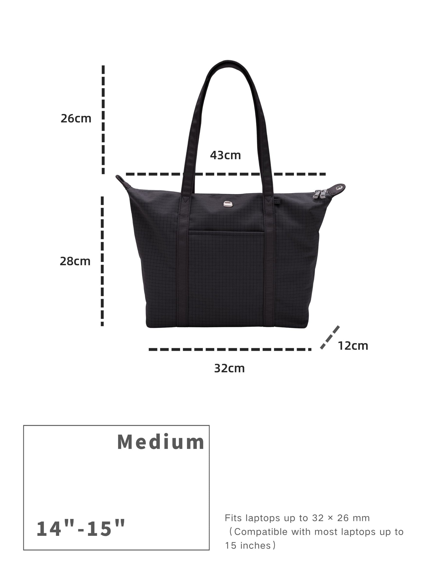 Carbon black 14-inch water-resistant laptop tote bag dimensions and laptop size compatibility guide