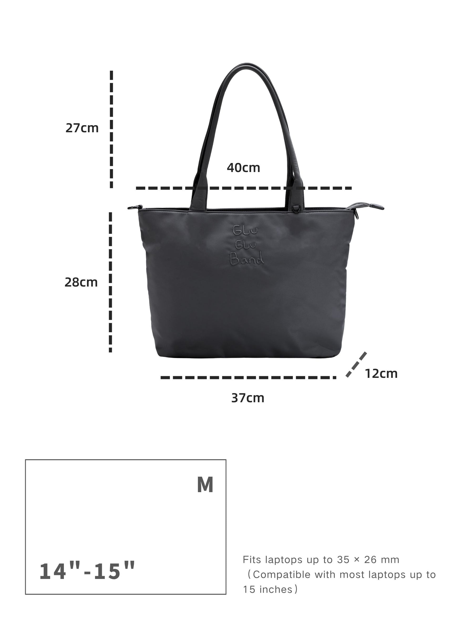 Carbon black 14-inch water-resistant laptop tote bag dimensions and laptop size compatibility guide