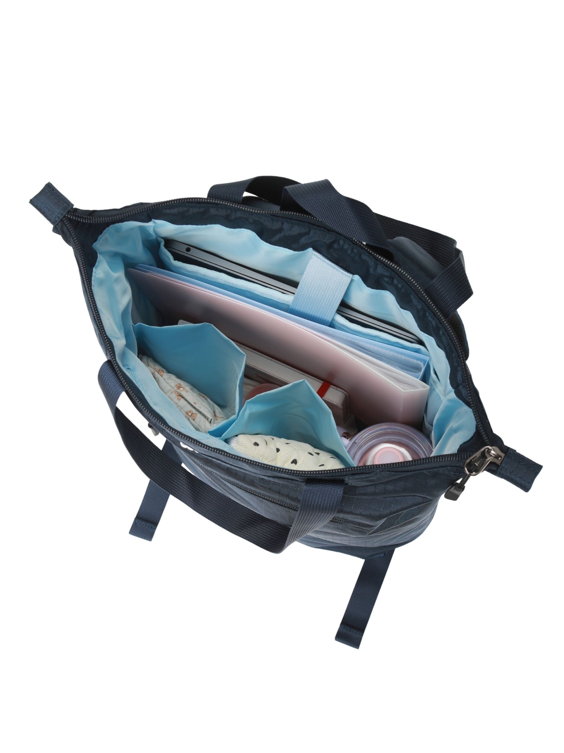 Open night blue 15.6-inch water-resistant laptop backpack for women packed with laptop and daily essentials