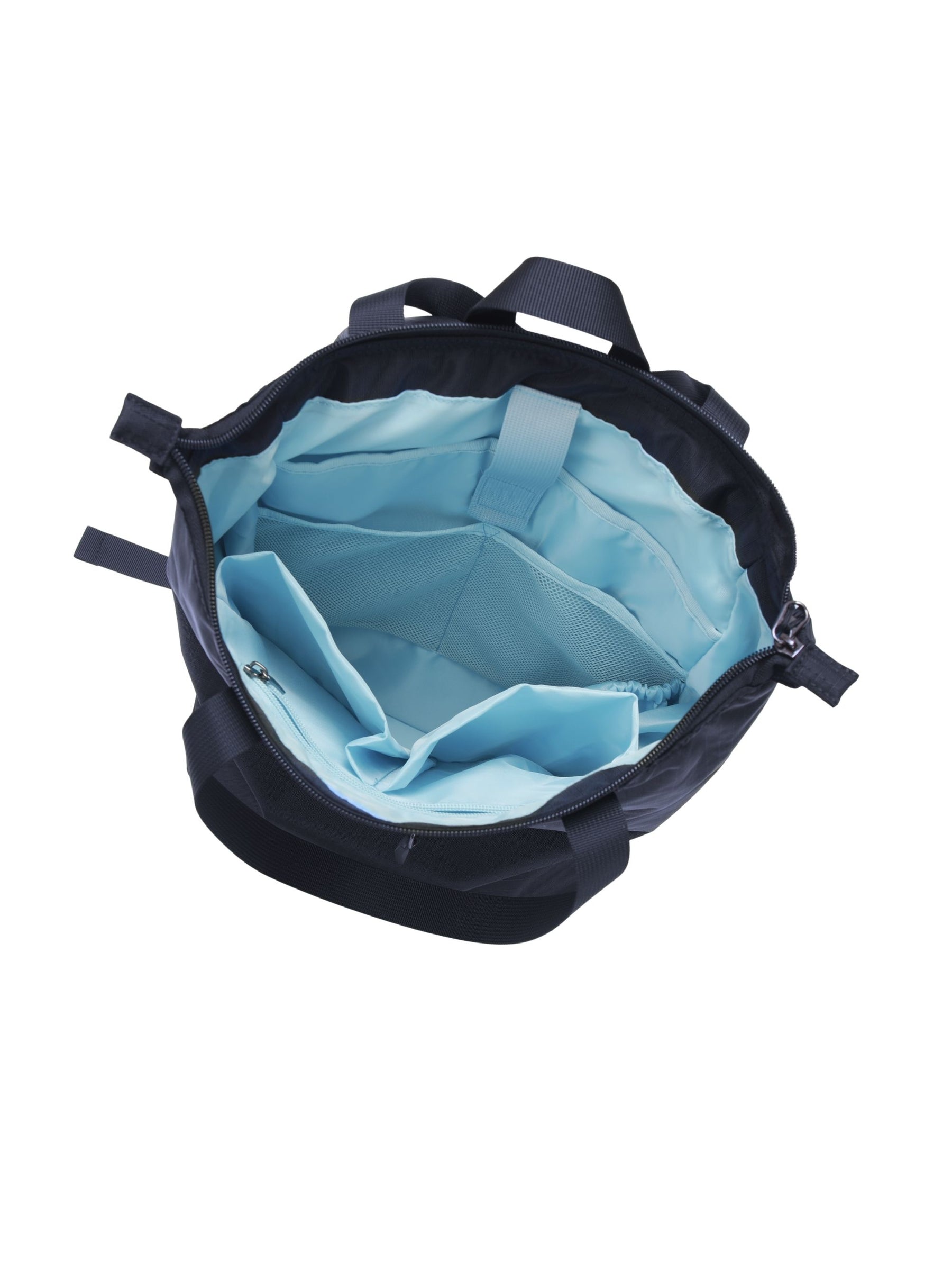 Empty interior of night blue 15.6-inch water-resistant laptop backpack for women showing organizer pockets