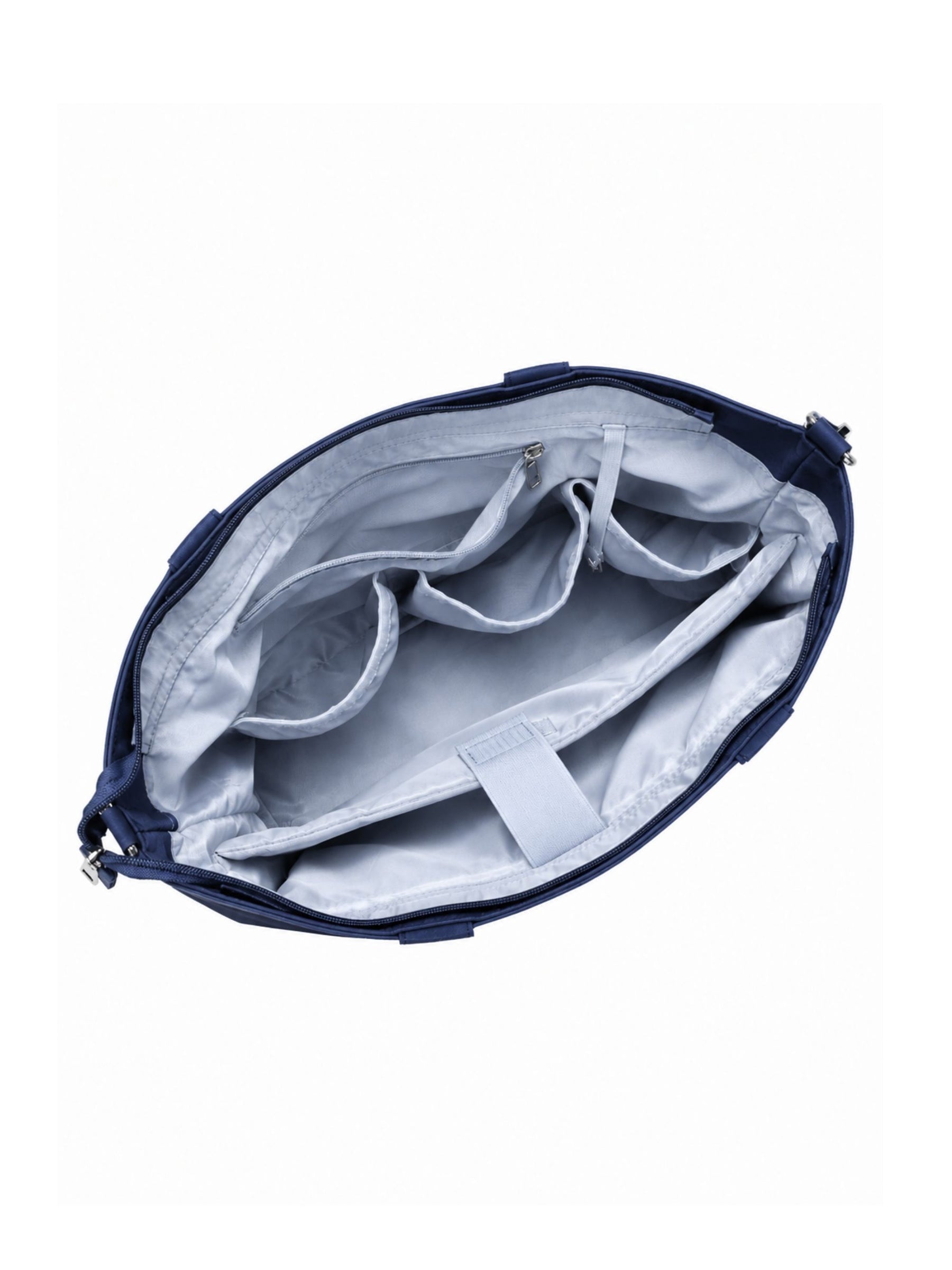 Empty interior of night blue 14-inch water-resistant laptop tote bag showing organizer pockets