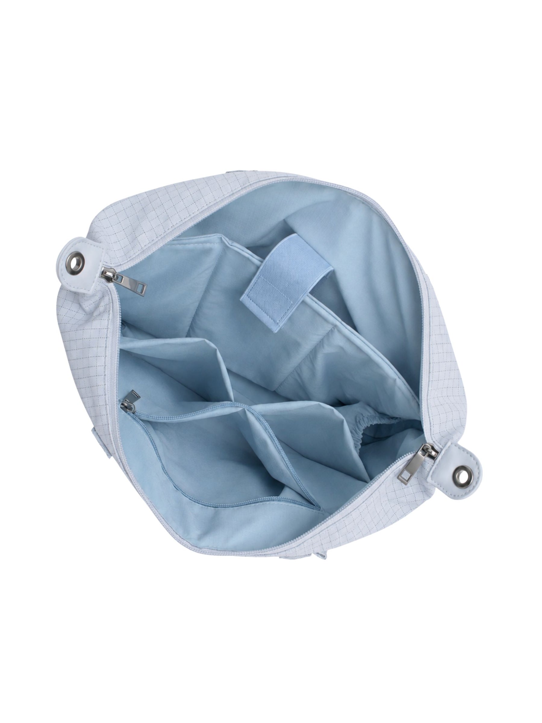 Empty interior of light blue 14-inch water-resistant laptop tote bag showing organizer pockets