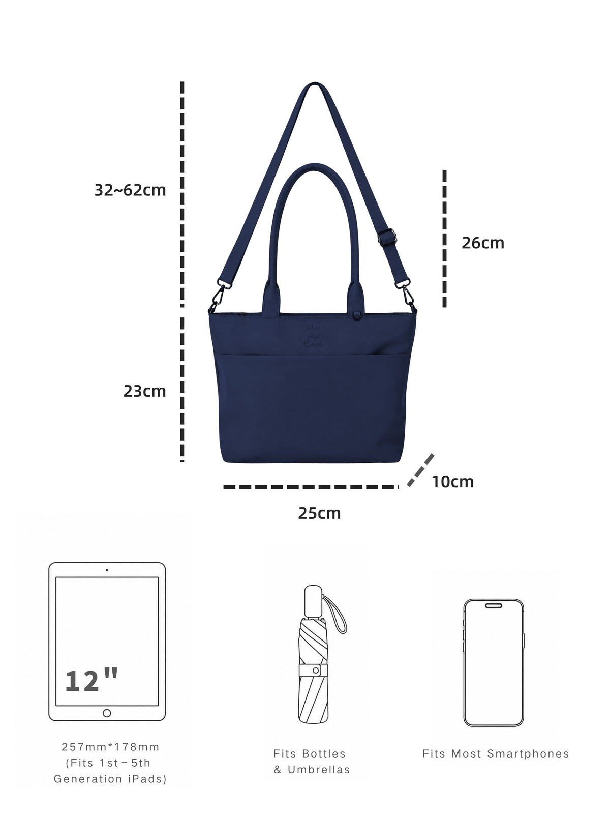 Night blue 12-inch water-resistant iPad tote bag dimensions and laptop size compatibility guide