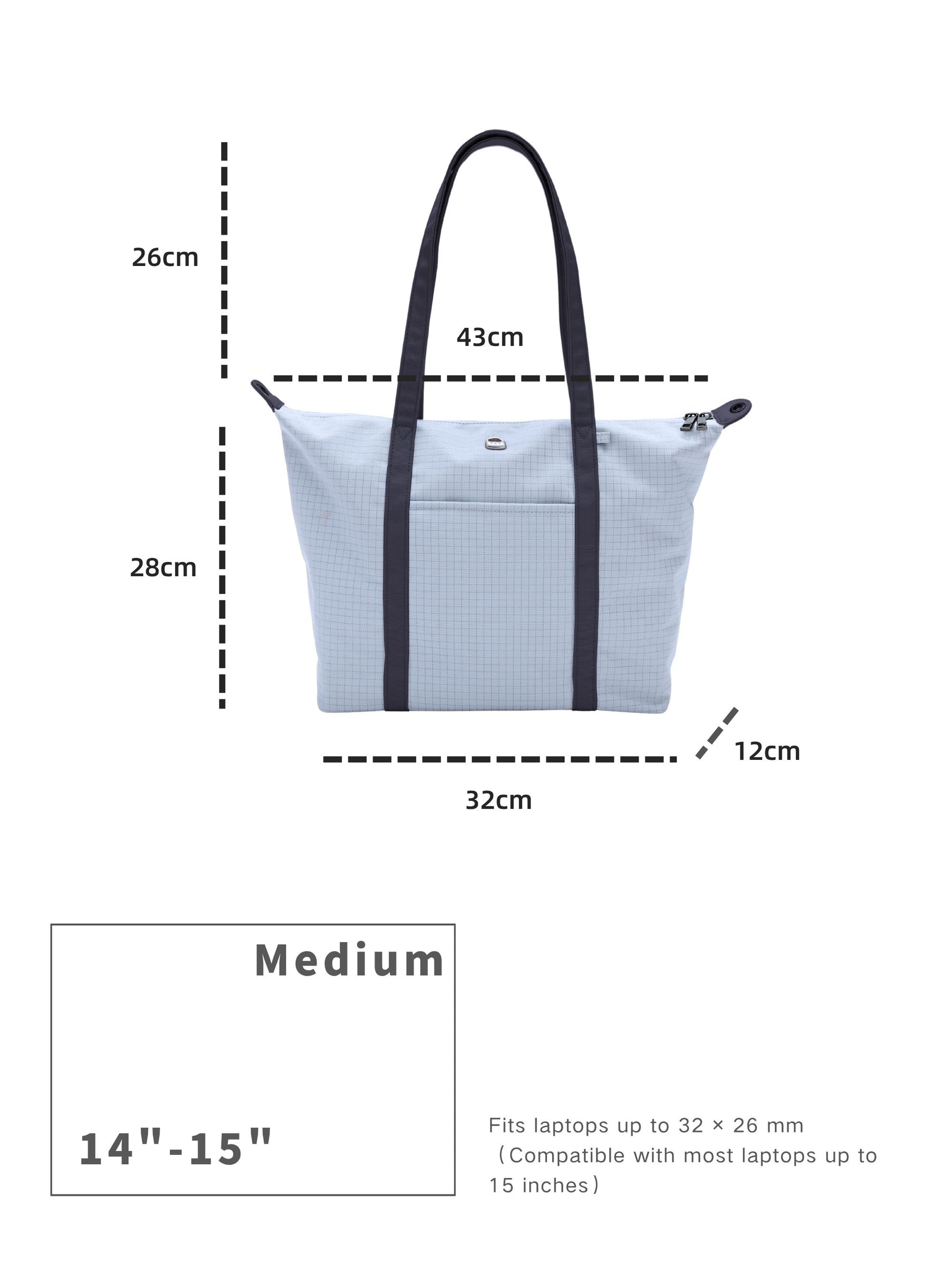 Light blue 14-inch water-resistant laptop tote bag dimensions and laptop size compatibility guide