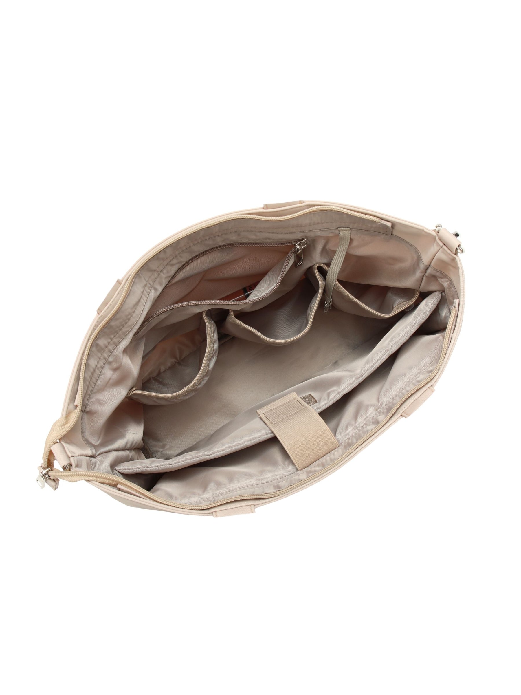 Empty interior of champagne 14-inch water-resistant laptop tote bag showing organizer pockets