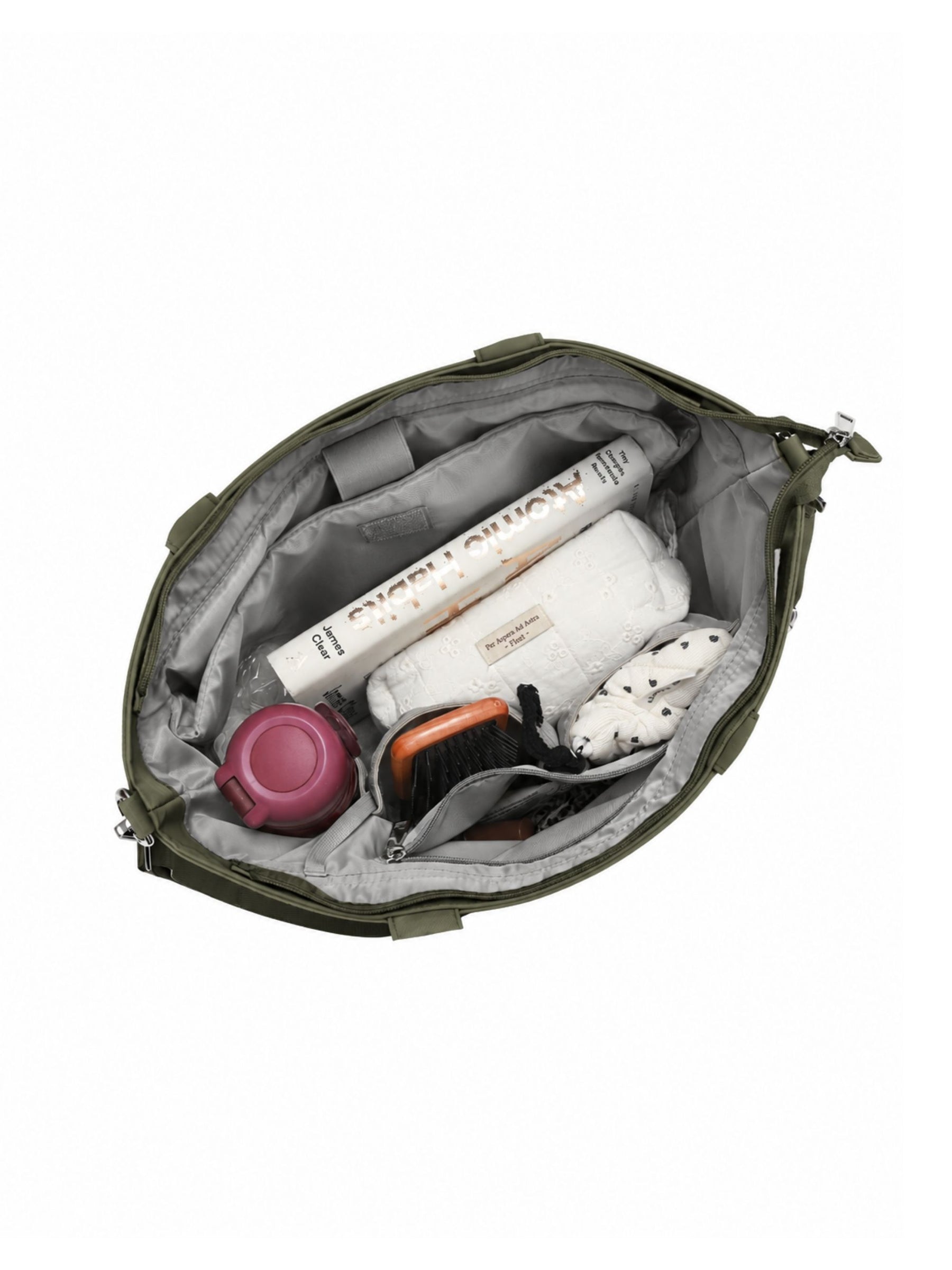 Open olive green 14-inch water-resistant laptop tote bag packed with laptop and daily essentials