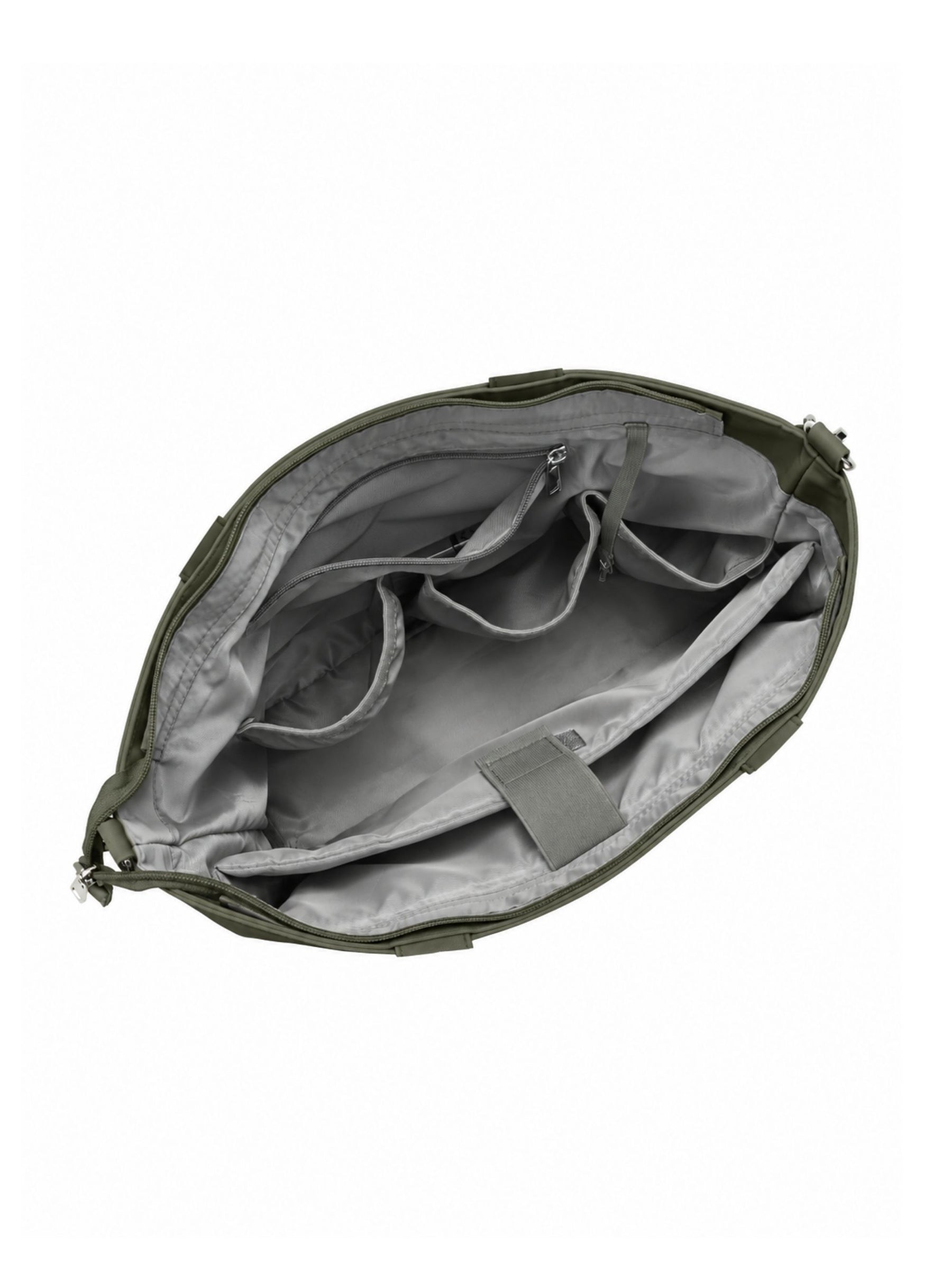 Empty interior of olive green 14-inch water-resistant laptop tote bag showing organizer pockets