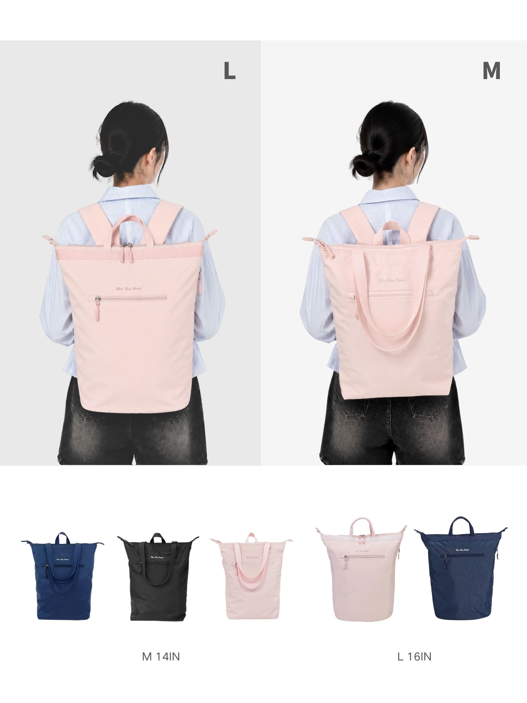 Laptop backpack size and color comparison shown on a model