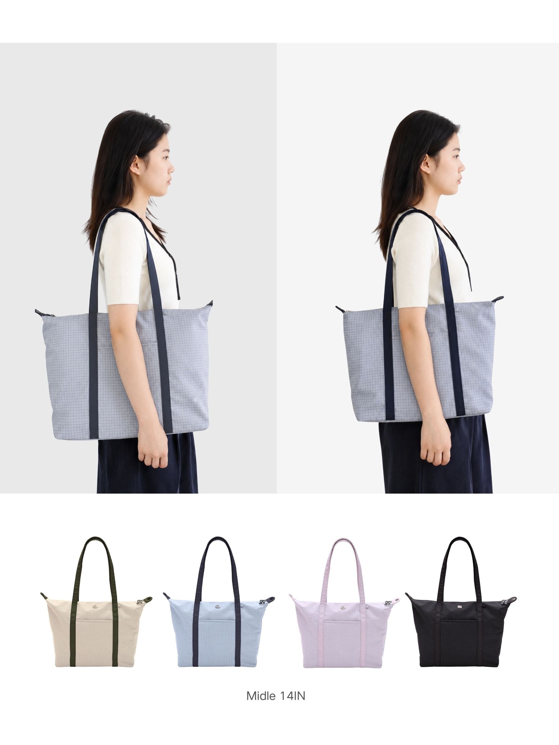 Preppy laptop tote bag size and color comparison on a model