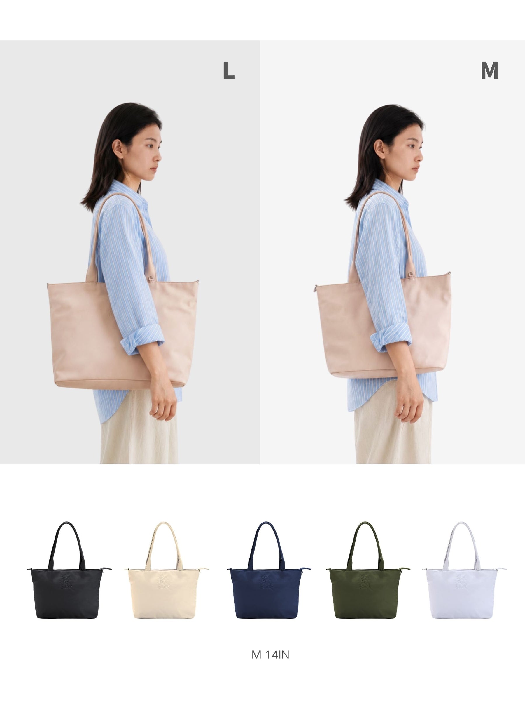 Urban laptop tote bag size and color comparison on a model