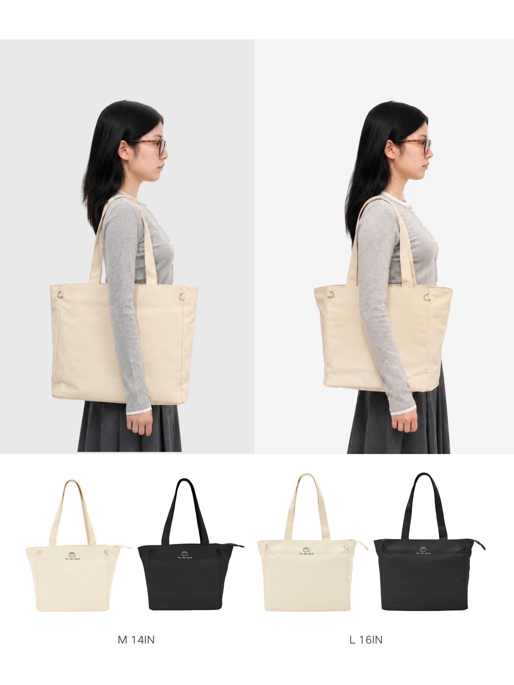 Canvas laptop tote bag size and color comparison on a model
