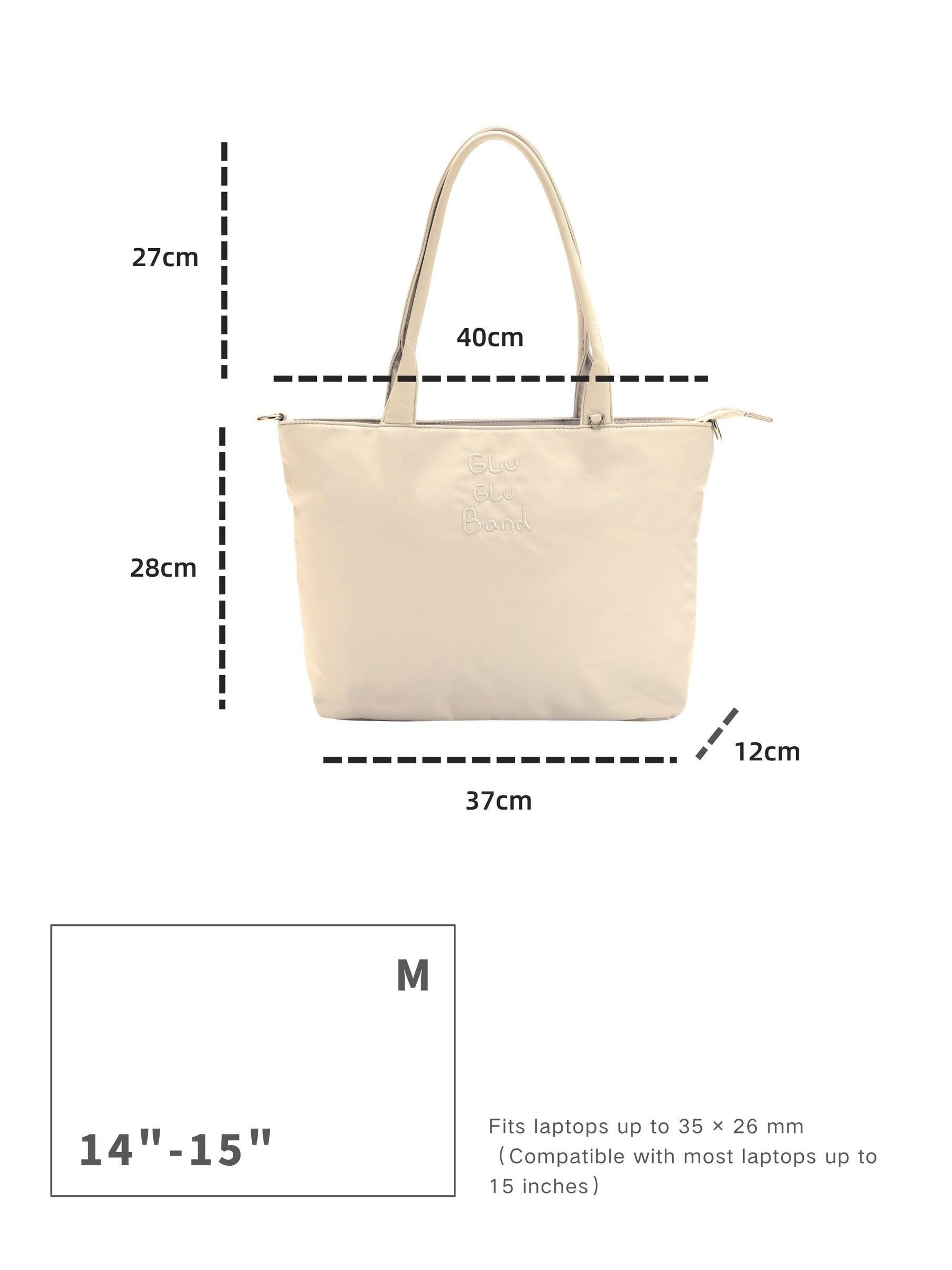 Champagne 14-inch water-resistant laptop tote bag dimensions and laptop size compatibility guide