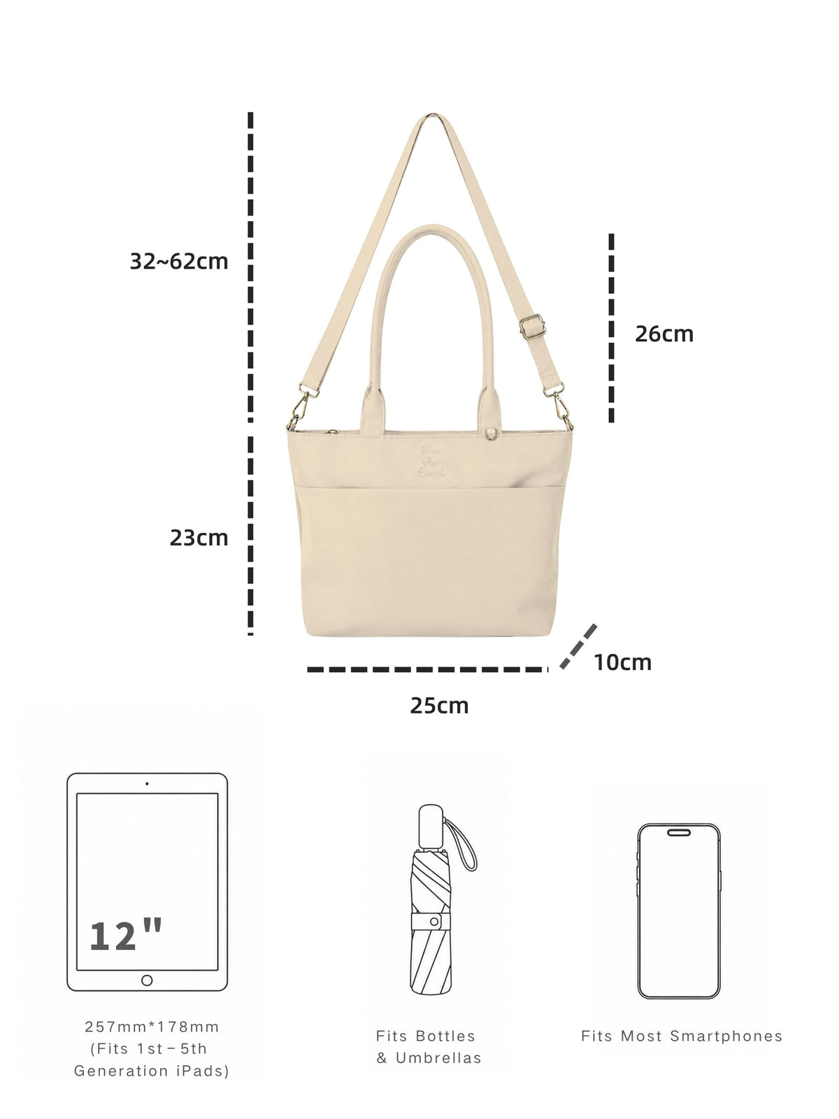Champagne 12-inch water-resistant iPad tote bag dimensions and laptop size compatibility guide