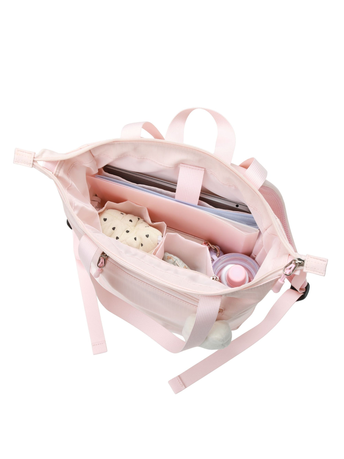 Open sakura pink 15.6-inch water-resistant laptop backpack for women packed with laptop and daily essentials