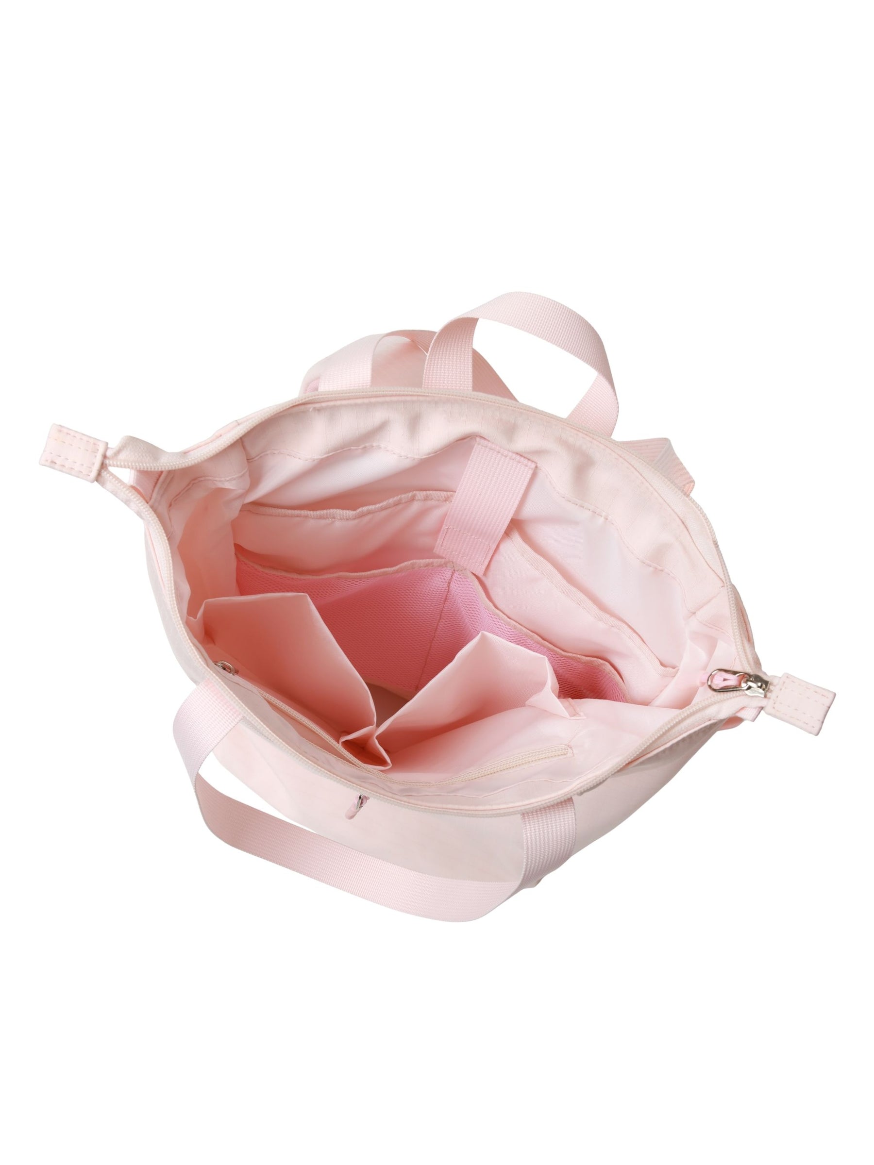 Empty interior of sakura pink 15.6-inch water-resistant laptop backpack for women showing organizer pockets
