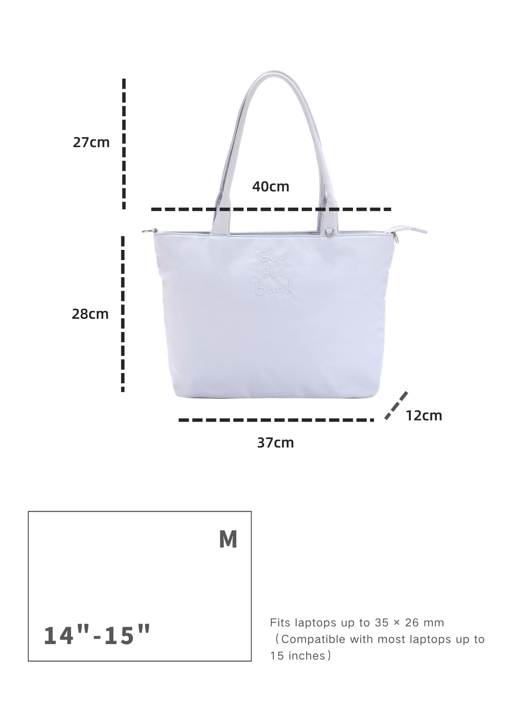Pale blue-purple 14-inch water-resistant laptop tote bag dimensions and laptop size compatibility guide