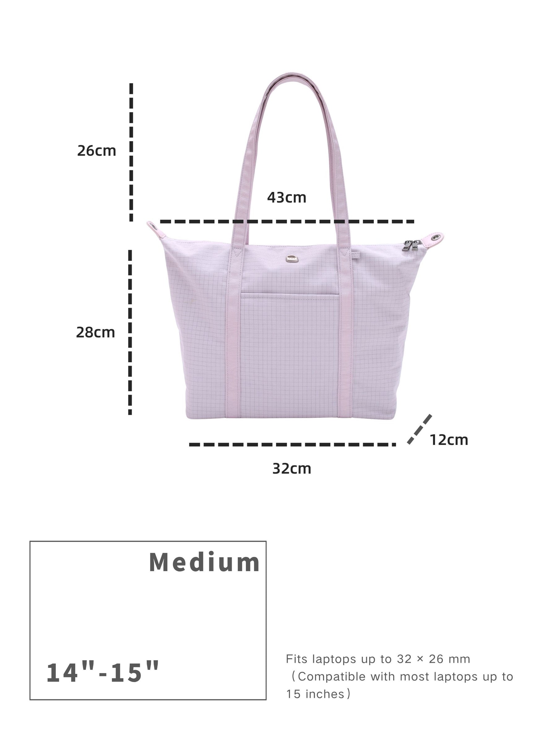 Light purple 14-inch water-resistant laptop tote bag dimensions and laptop size compatibility guide