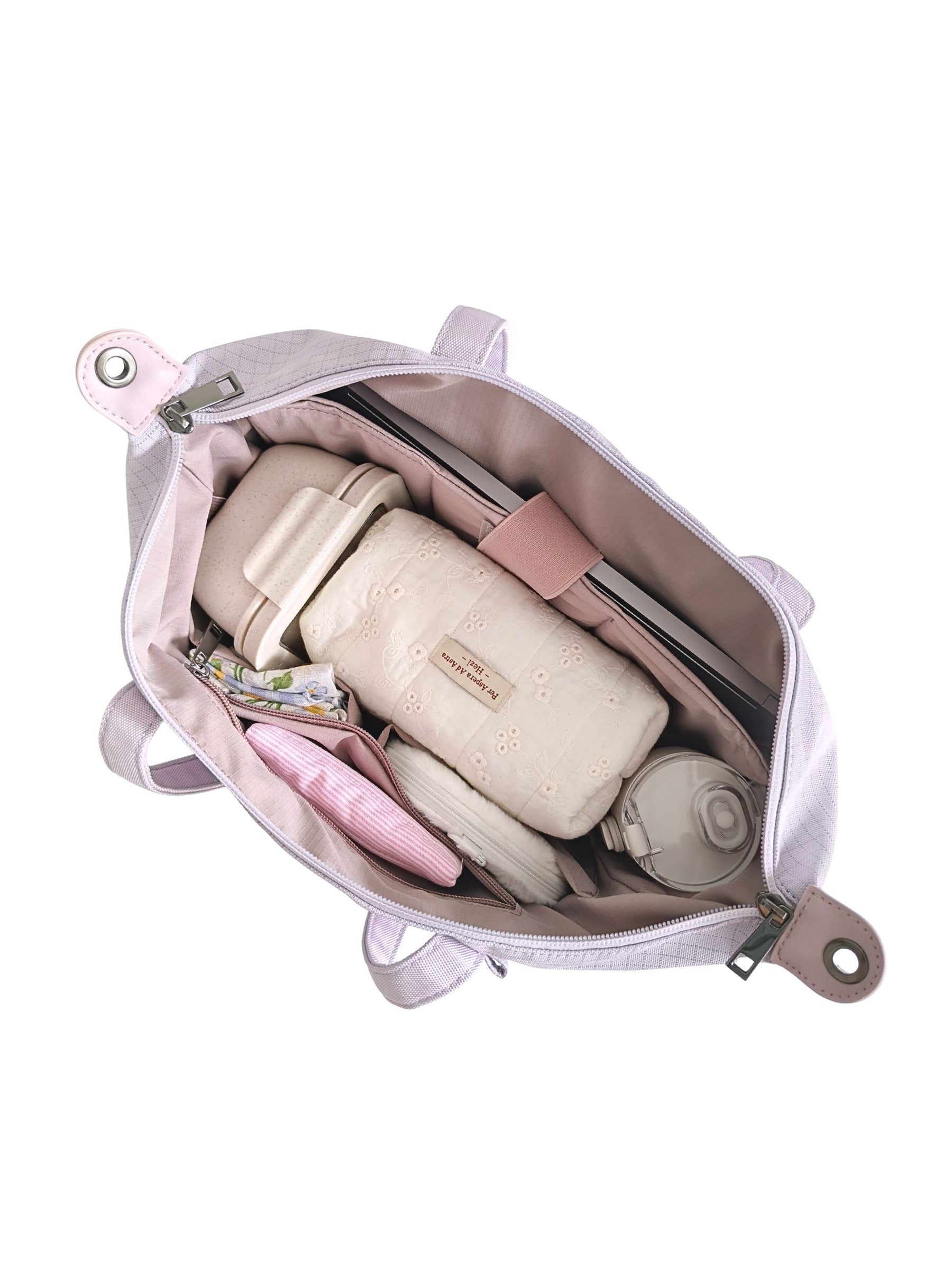 Open light purple 14-inch water-resistant laptop tote bag packed with laptop and daily essentials