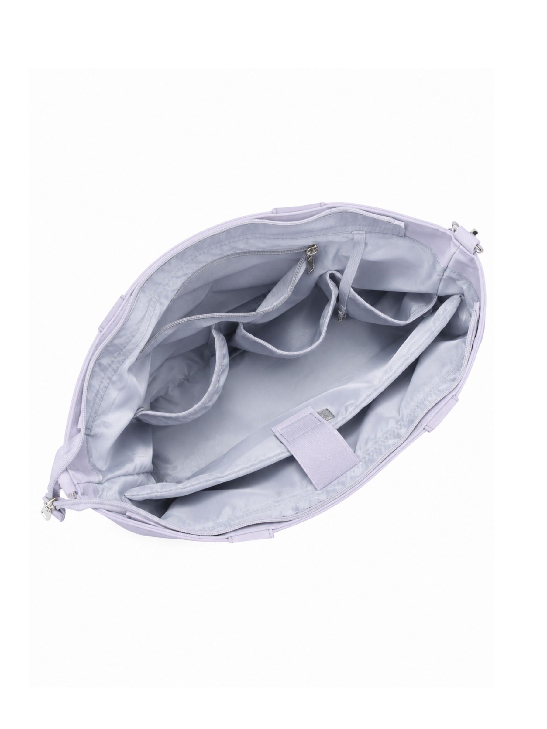 Empty interior of pale blue-purple 14-inch water-resistant laptop tote bag showing organizer pockets