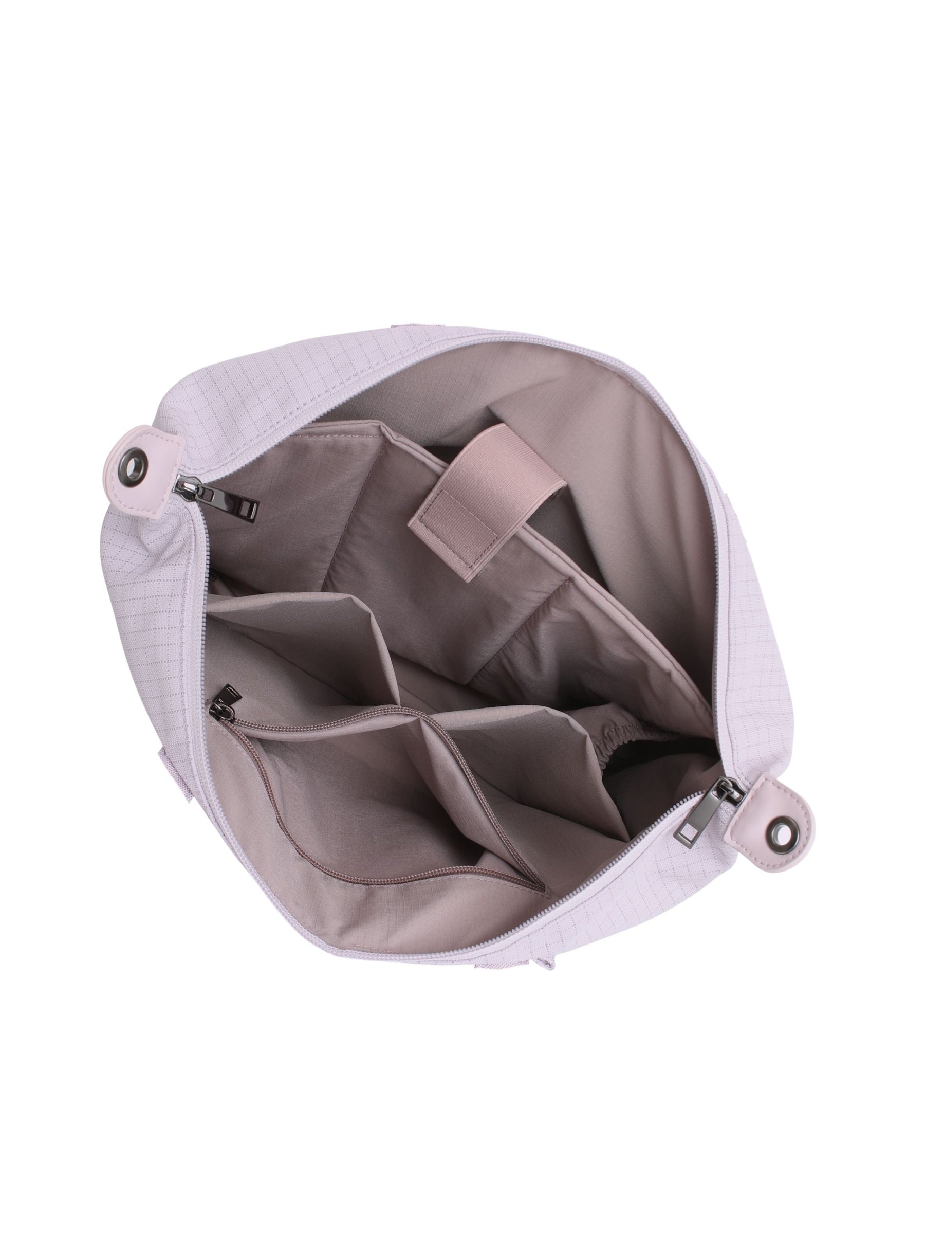 Empty interior of light purple 14-inch water-resistant laptop tote bag showing organizer pockets