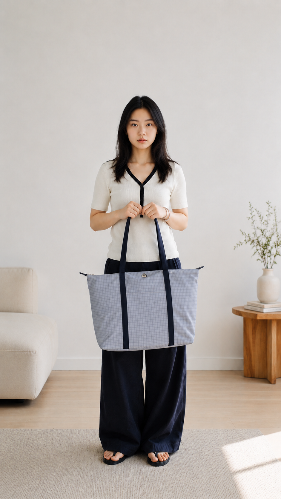 Woman holding a light blue water-resistant laptop tote bag