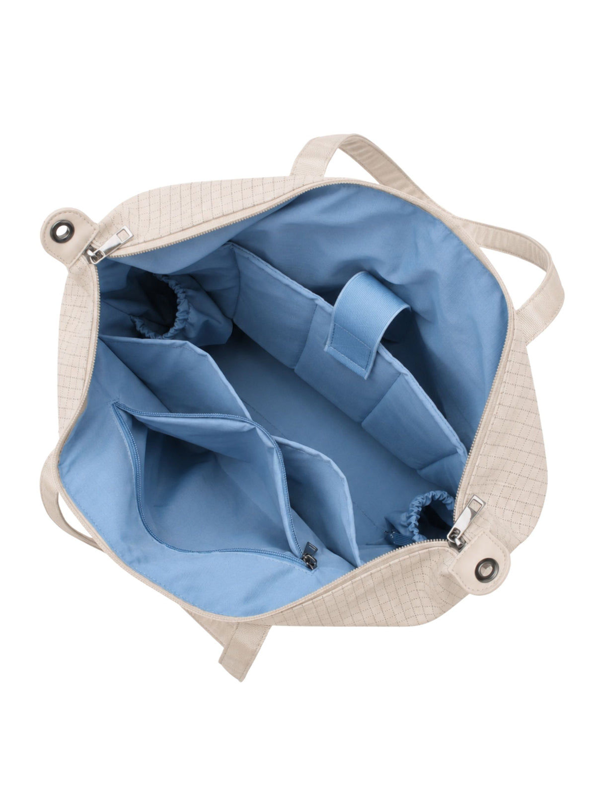 Empty interior of beige 16-inch water-resistant laptop tote bag showing organizer pockets