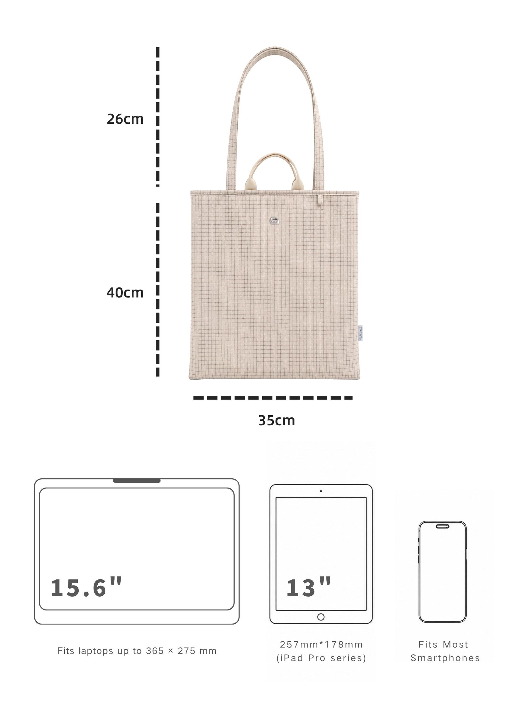 Beige 15.6-inch vertical laptop shoulder bag dimensions and laptop size compatibility guide