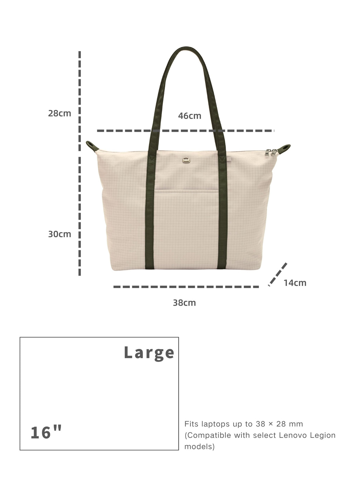Beige 16-inch water-resistant laptop tote bag dimensions and laptop size compatibility guide