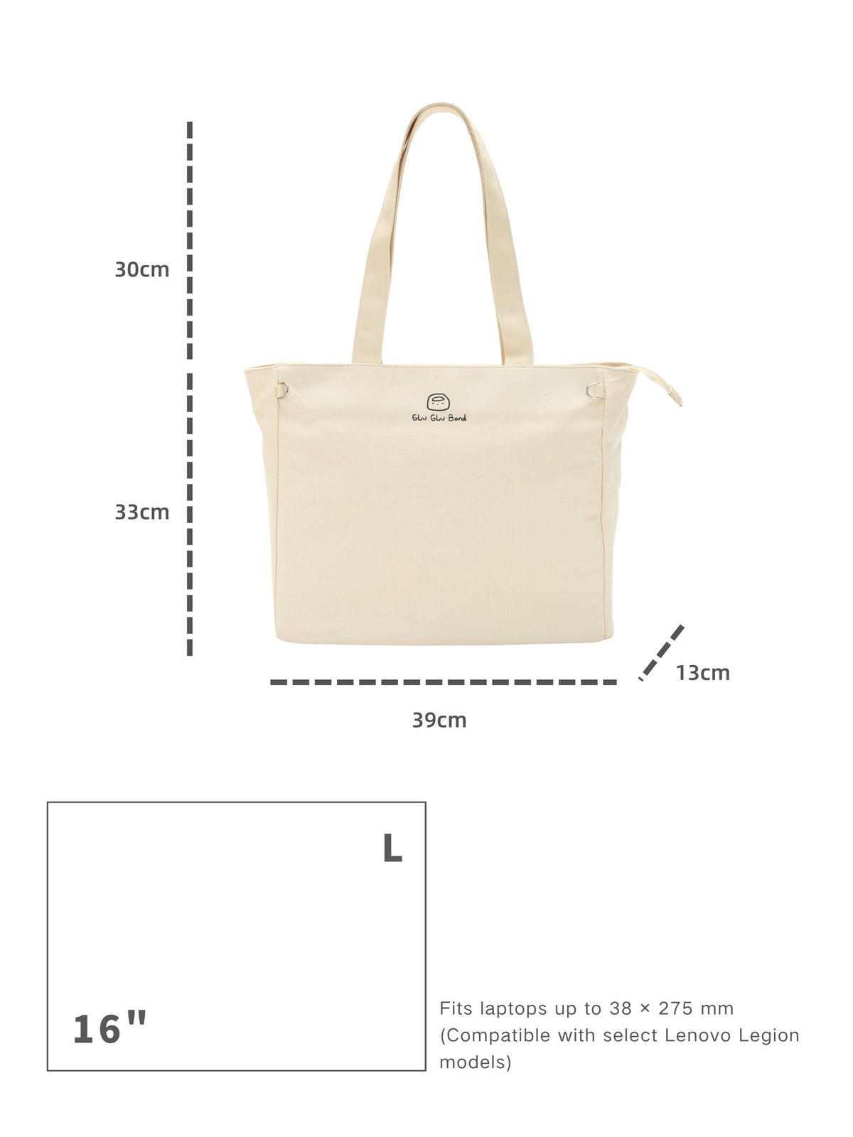 Beige 16-inch canvas laptop tote bag for women dimensions and laptop size compatibility guide