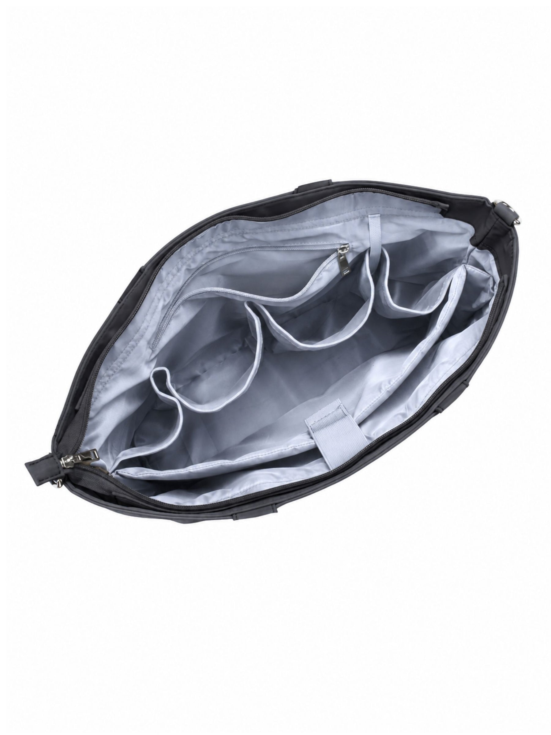 Empty interior of carbon black 16-inch water-resistant laptop tote bag showing organizer pockets