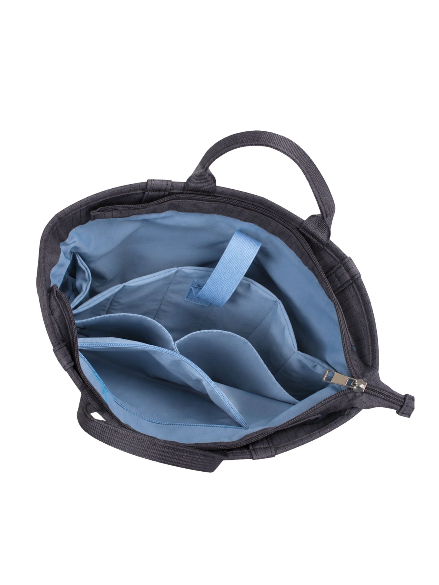 Empty interior of carbon black 15.6-inch vertical laptop shoulder bag showing organizer pockets