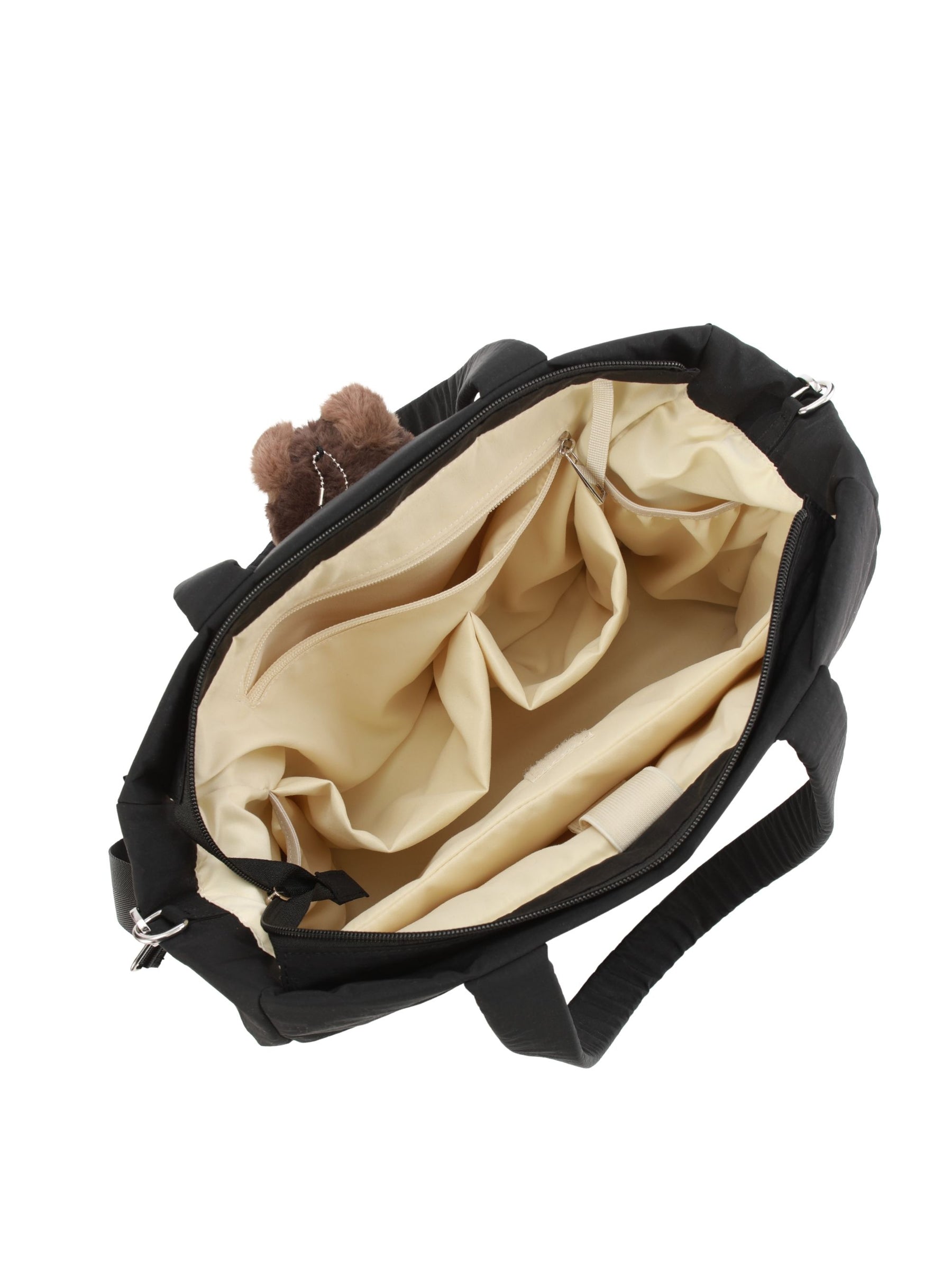 Empty interior of carbon black 16-inch water-resistant puffer laptop tote bag showing organizer pockets