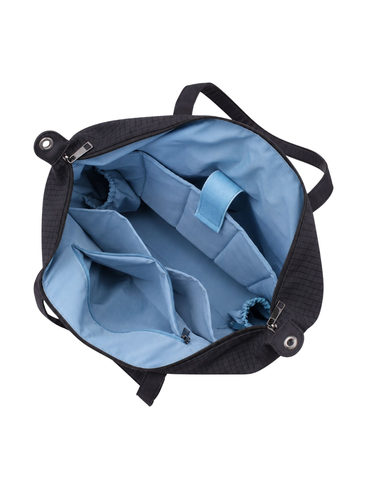 Empty interior of carbon black 16-inch water-resistant laptop tote bag showing organizer pockets