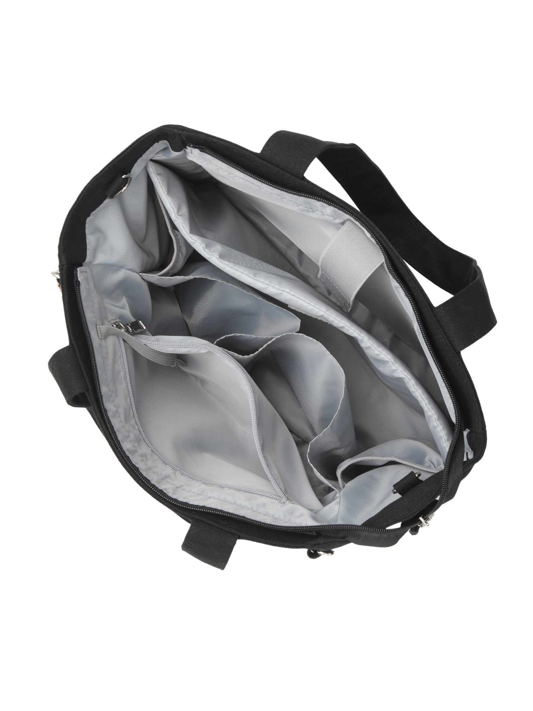 Empty interior of carbon black canvas laptop tote bag for women showing organizer pockets