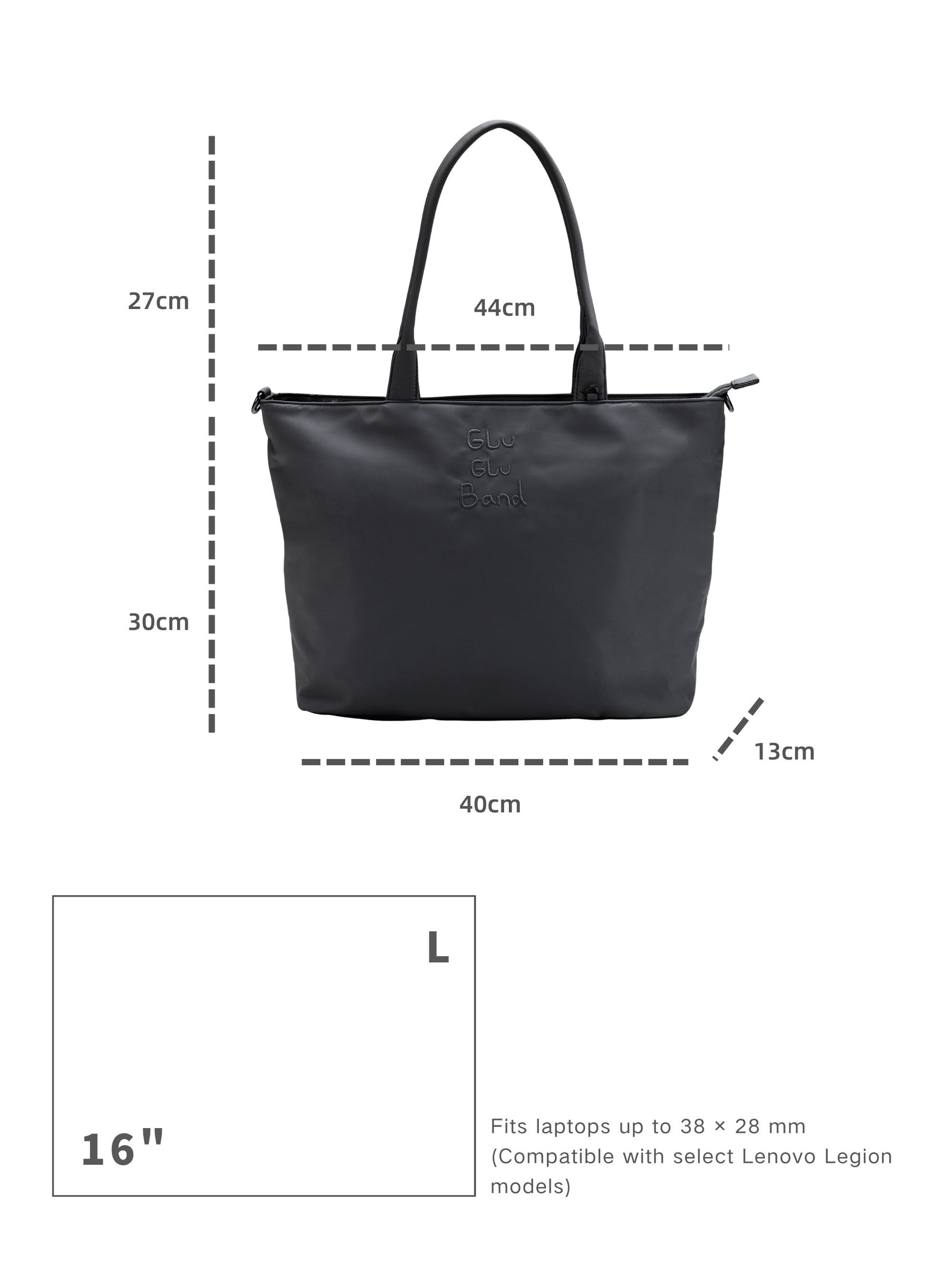 Carbon black 16-inch water-resistant laptop tote bag dimensions and laptop size compatibility guide