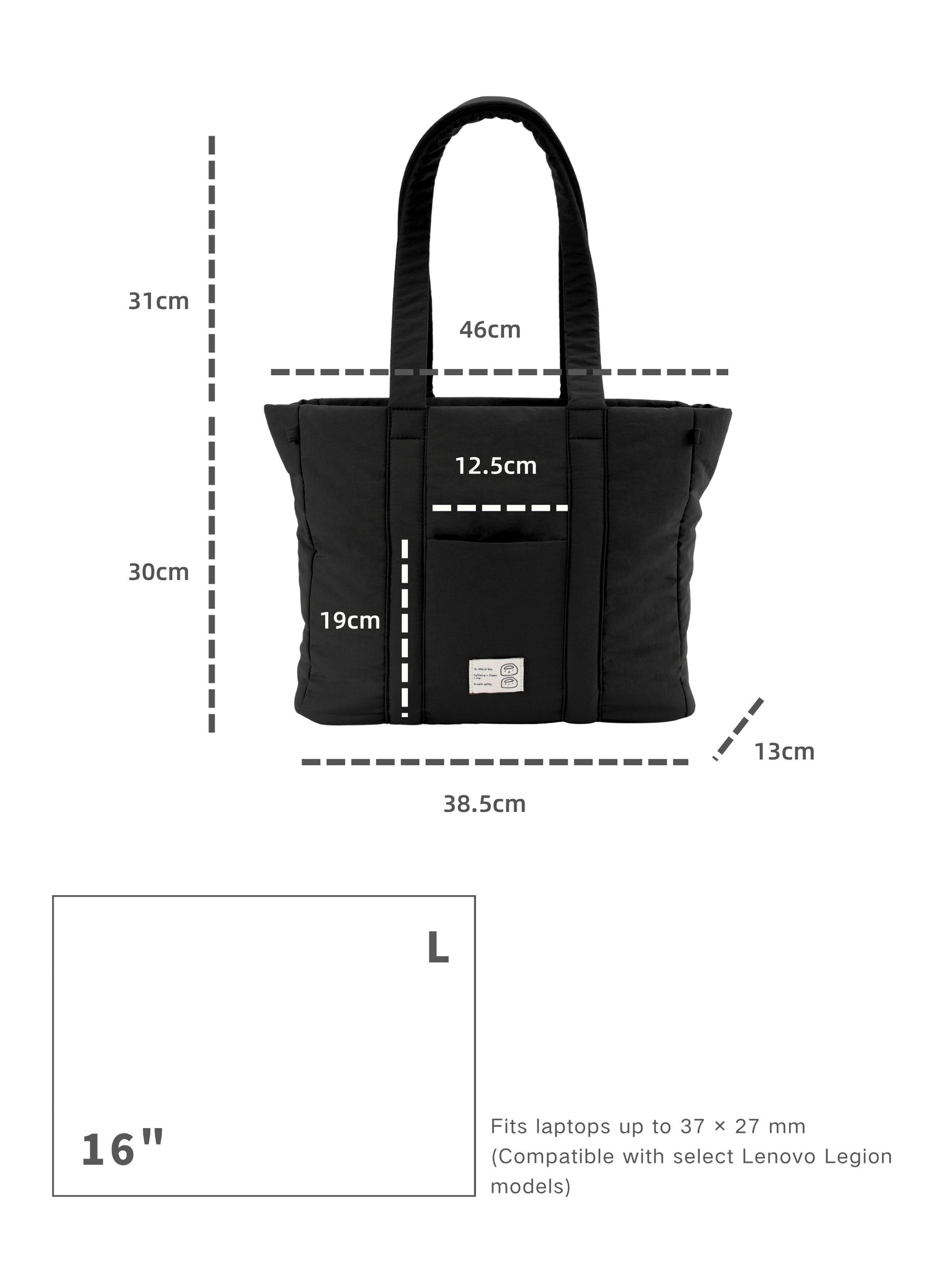 Carbon black 16-inch water-resistant puffer laptop tote bag dimensions and laptop size compatibility guide