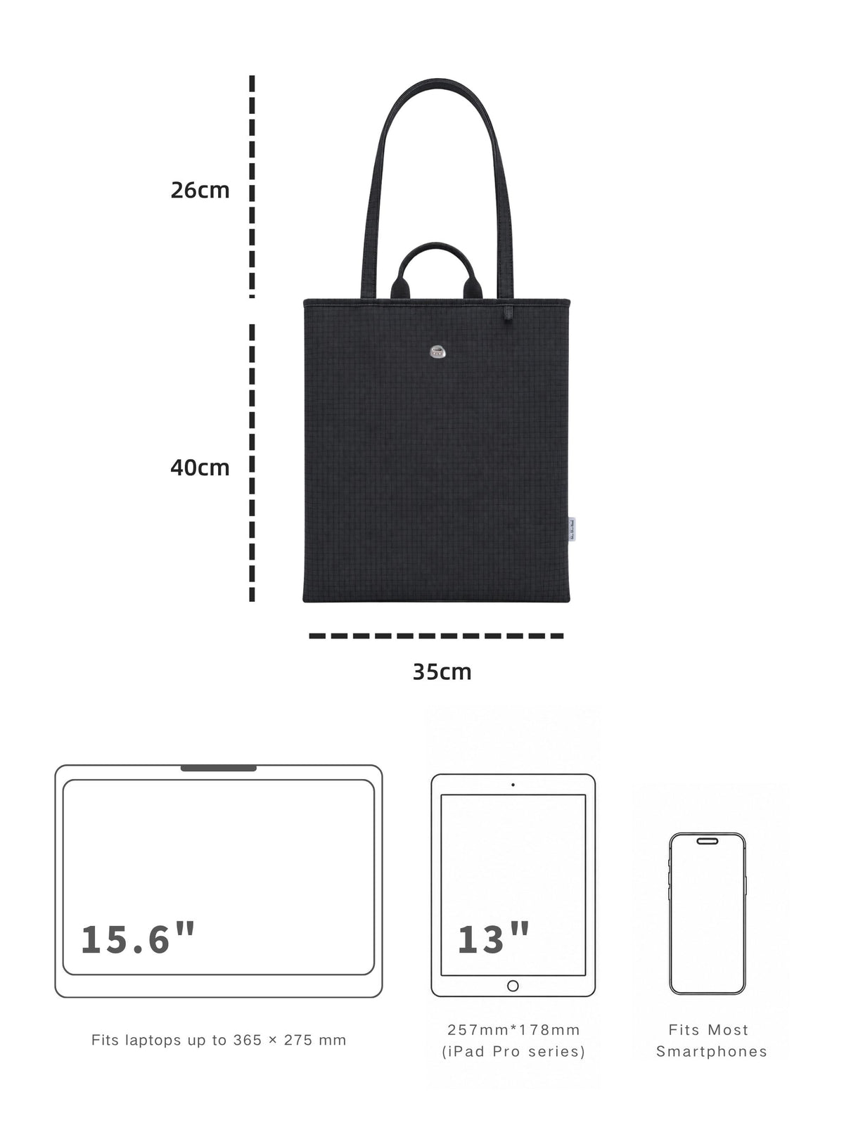 Carbon black 15.6-inch vertical laptop shoulder bag dimensions and laptop size compatibility guide