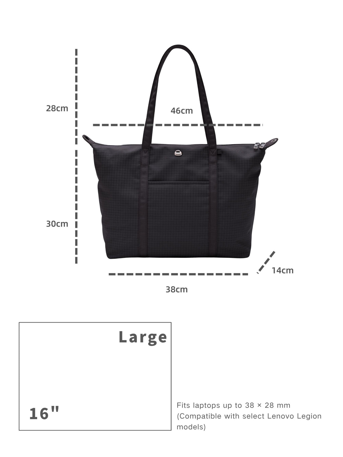 Carbon black 16-inch water-resistant laptop tote bag dimensions and laptop size compatibility guide