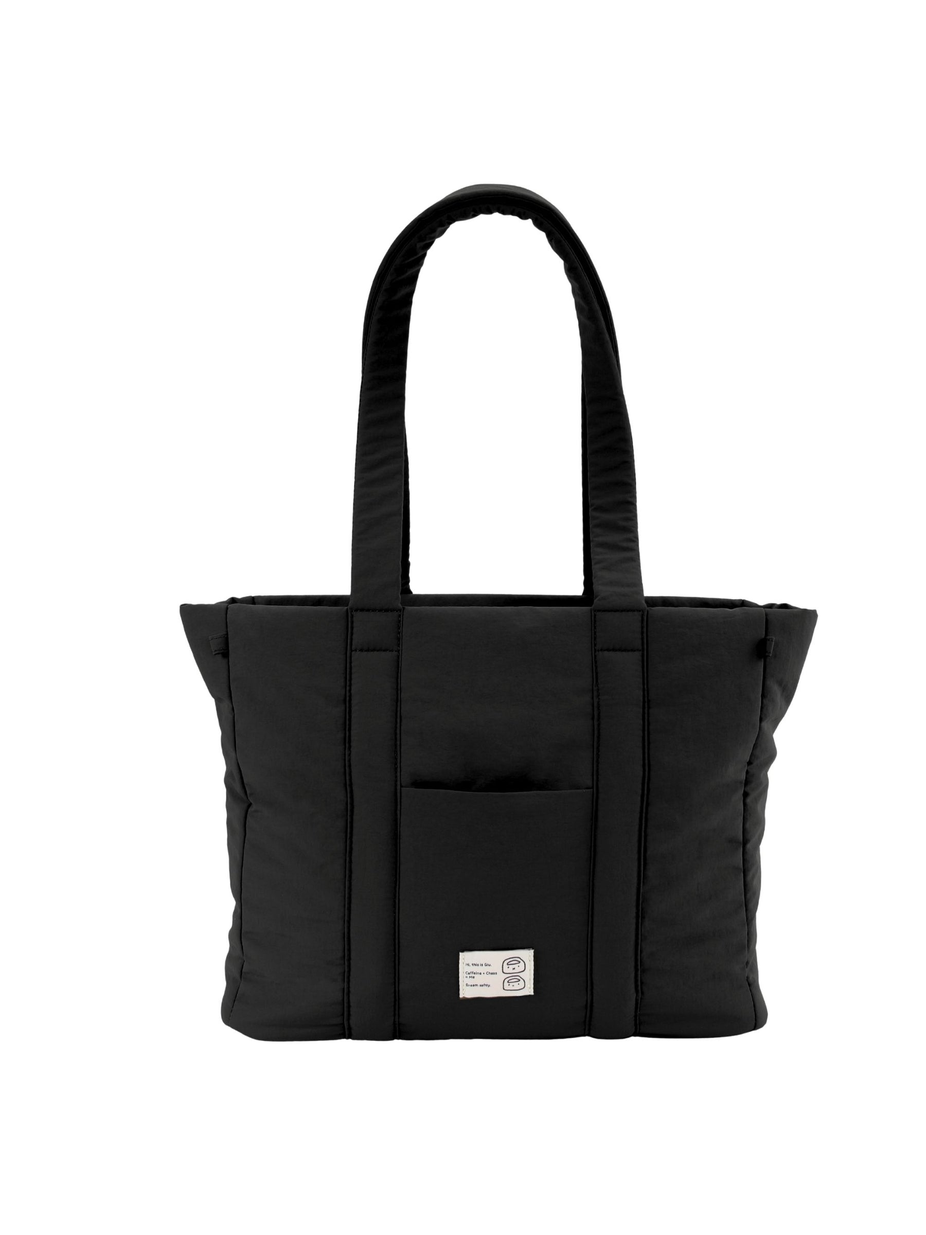 Carbon black 16-inch water-resistant puffer laptop tote bag front view
