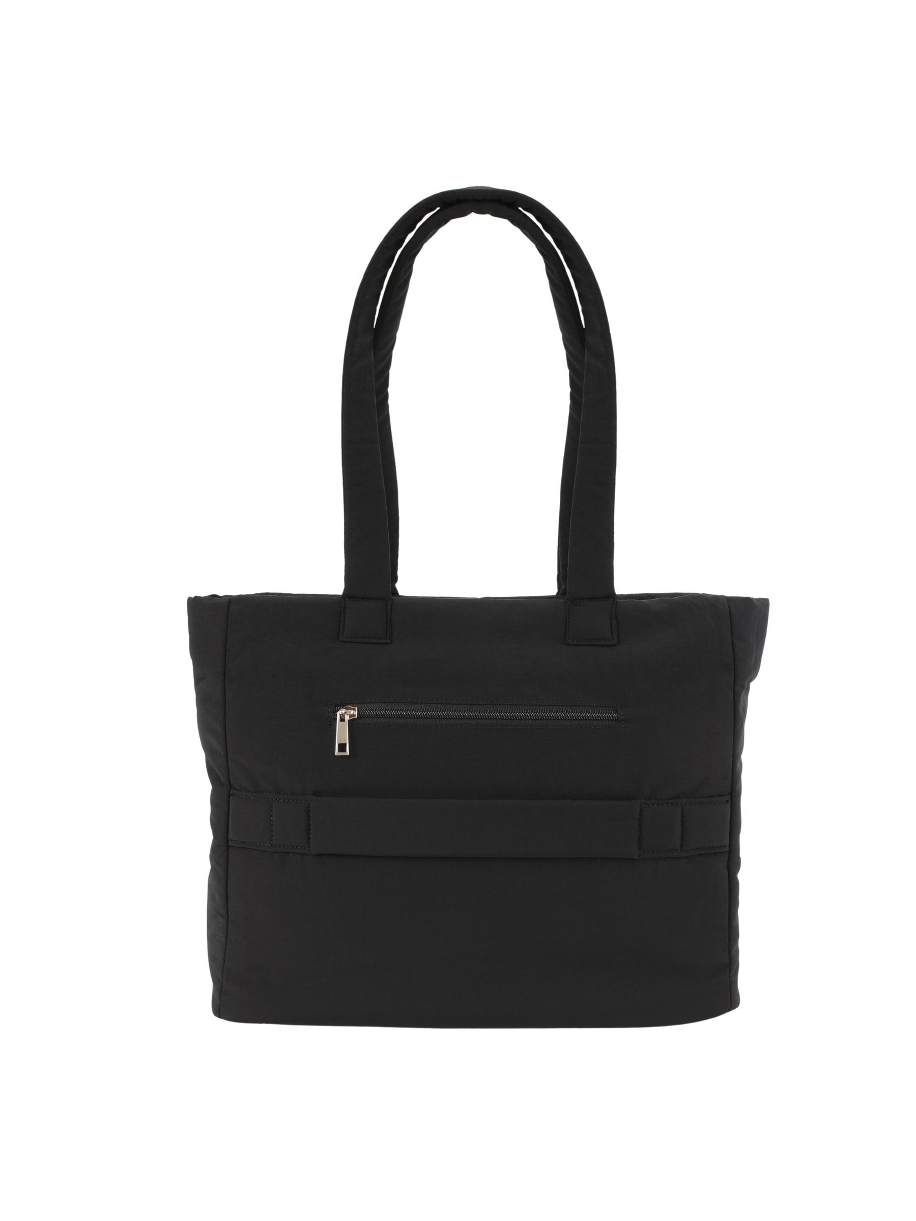 Carbon black 16-inch water-resistant puffer laptop tote bag back view